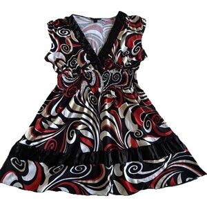 Vtg Y2K Fang Top Womens M Geometric Babydoll V Neck Smocked Ruffle Satin Retro